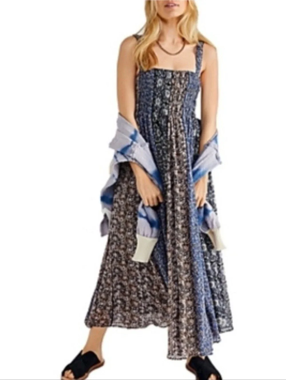Free People Boho Floral Patchwork Maxi Dress in Blue and Black